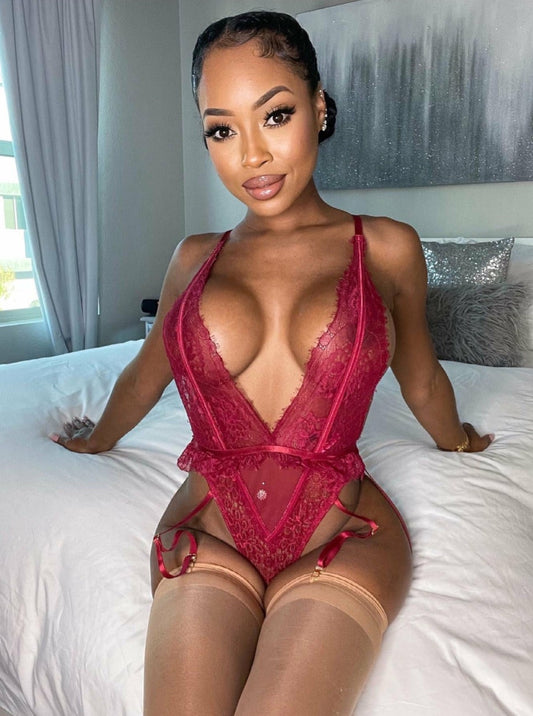 Burgundy Peplum Lace Teddy (Queen Size Only)