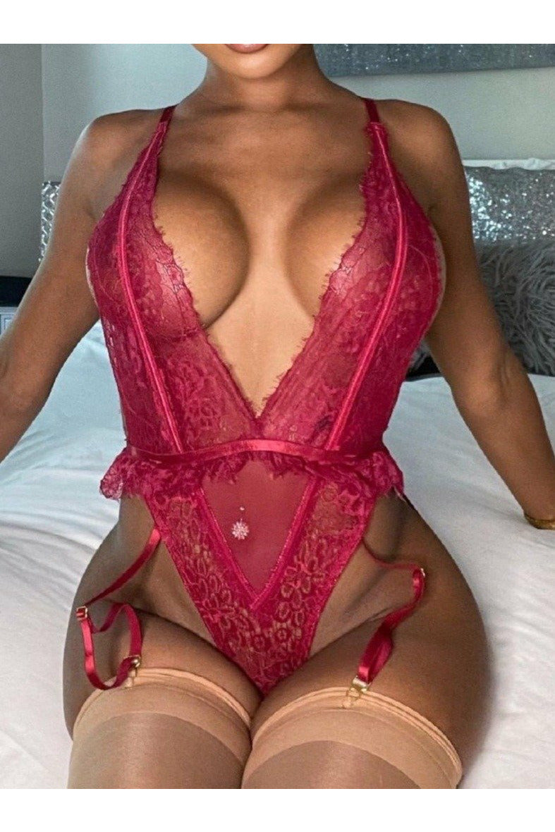 Burgundy Peplum Lace Teddy (Queen Size Only)